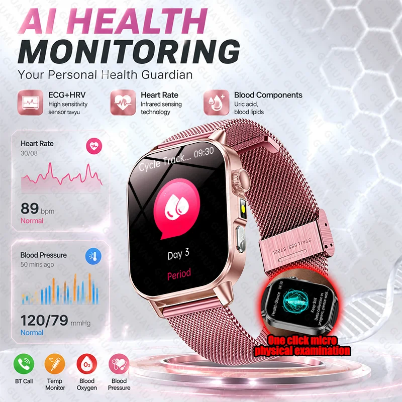 Nouvelle montre connectée intelligente pour femmes, personnalisée, avec suivi de la santé par IA, ECG+HRV, tension artérielle, SpO2, fréquence cardiaque, analyse des graisses sanguines, température, appels Bluetooth, cadeau, HD