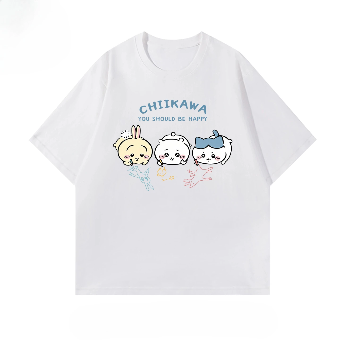 Cute Hand Drawn Chiikawa Trio Print T-shirt Brand White Basic Cotton Oversized Tee Sweet Slogan Design Japanese Kawaii Cartoon