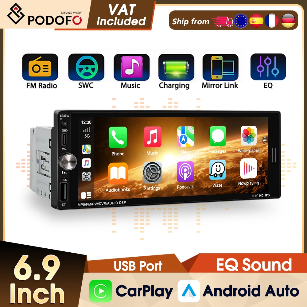 Podofo 1DIN Lettore Multimediale per Auto con Carplay Wireless, Android Auto, Mirror Link, Lettore MP5 Universale, BT, Radio FM, EQ, USB TYPE-C