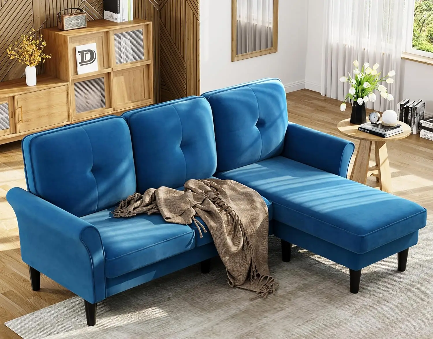 

83-дюймовый велюровый угловой диван-секционный, 3-местный, с глубоким сиденьем и оттоманкой, для гостиной, квартиры, офиса, синий, на заказ