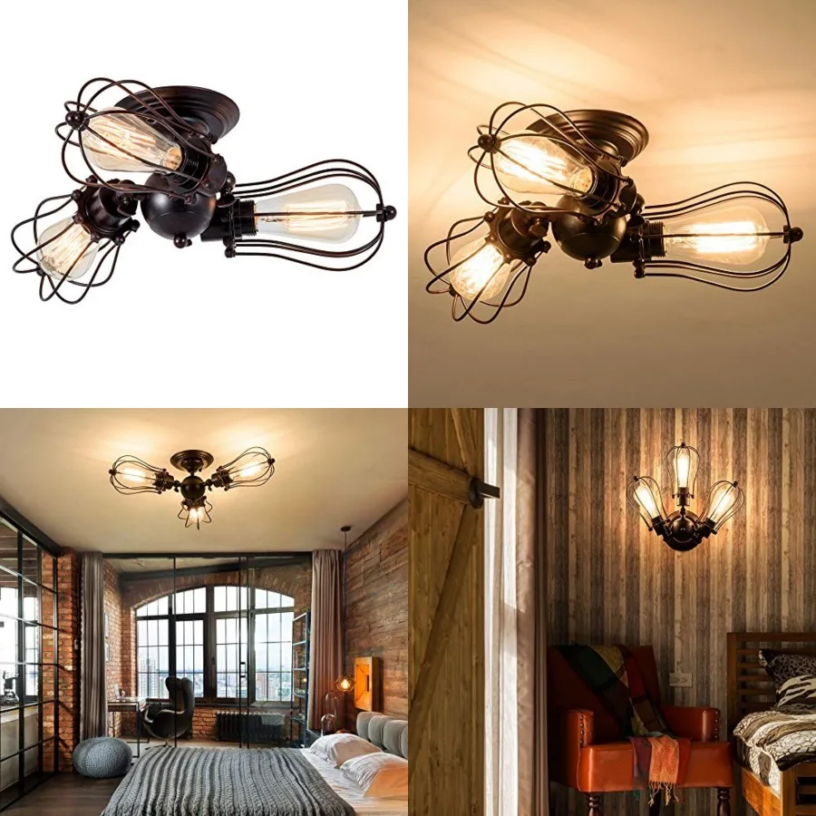 

Vintage Ceiling Light Industrial, Chandeliers Adjustable Socket Metal Wire Cage Lamp Semi-Flush Mount ic Ceiling Light Metal La