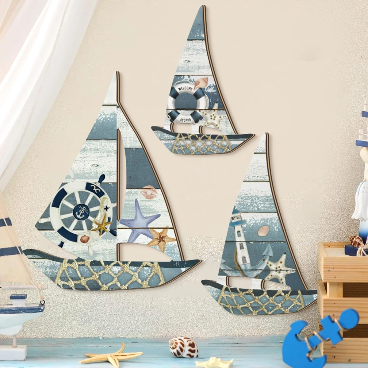 1 set of 2D retro lifebuoy pattern sailboat wooden wall decoration, Mediterranean ocean style farmhouse wall decoration