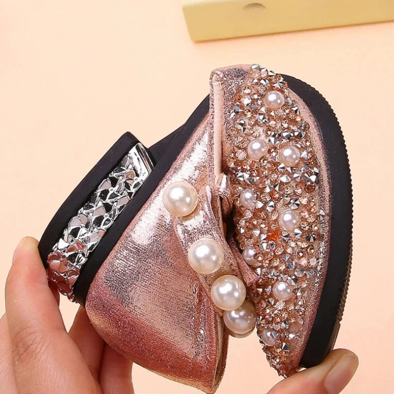 Summer Flats Girls Pearls Mary Jane Shoes Kids Bling Princess Glitter Shoes Children Bowknot Sole Sandals Wedding Dance Shoes