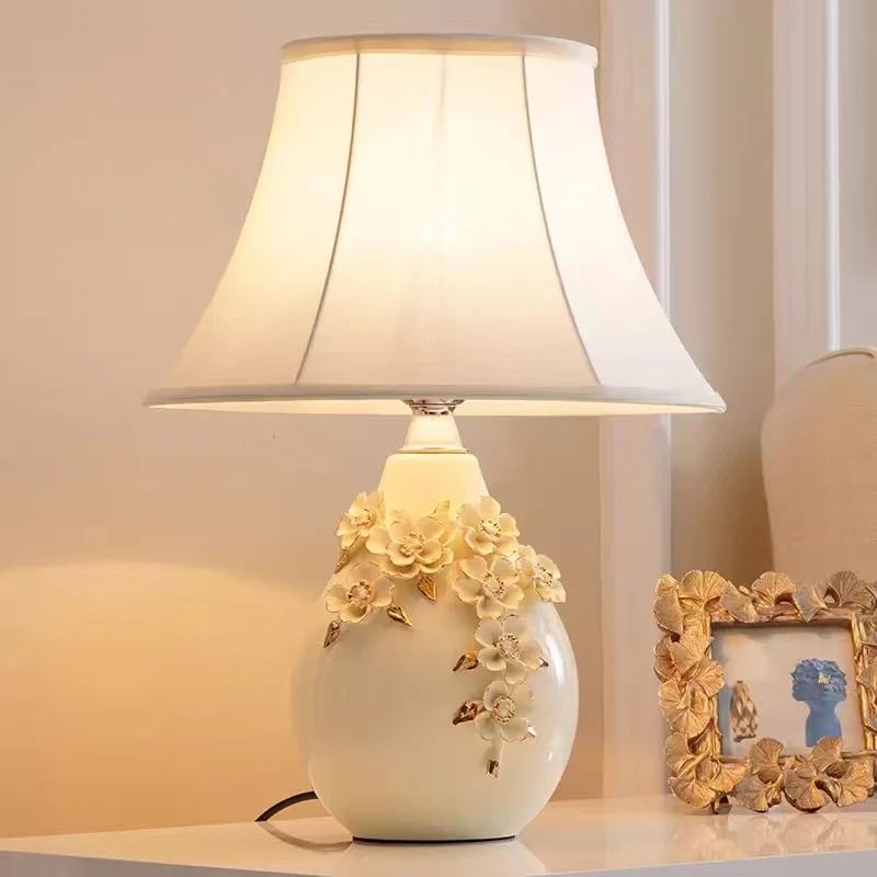 AB Retro Carved Flower Art Ceramic Table  Luxury Modern Bedroom Decorate Table Light Cloth Cover Hotel Bedside Reading