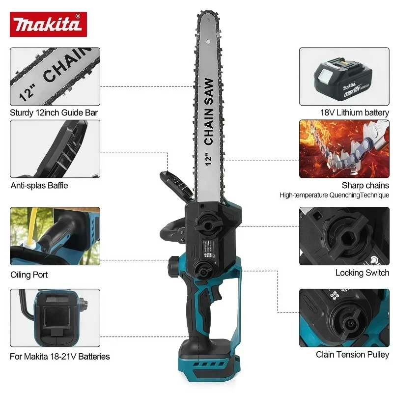 

Makita используется для обрезки деревьев с инструментами для лесозаготовок, 7000 об/мин, бесщеточная электрическая цепная пила, 600 Вт, аккумуляторная ручная цепная пила