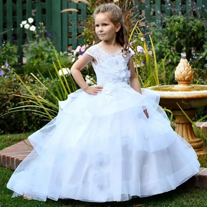 فستان فتاة الزهور بأكمام قصيرة وطبقات من التول، فستان فتاة صغيرة الأميرة أول مناولة لحفلات أعياد الميلاد