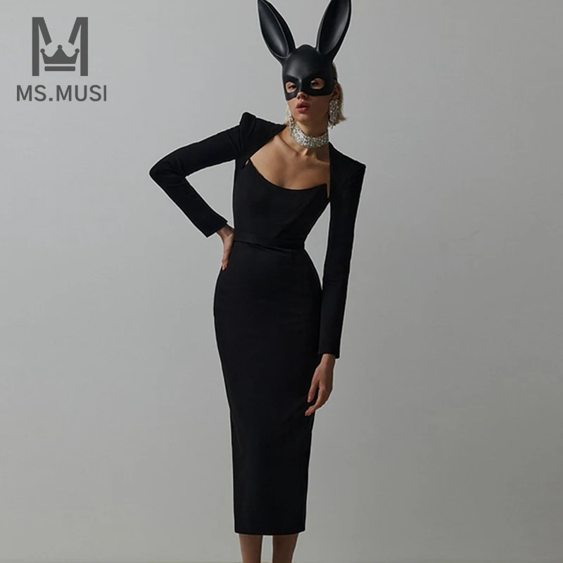 

MSMUSI 2023 New Fashion Women Sexy Square Neck Corset Stripe Long Sleeve Bandage Party Club Bodycon Event Midi Dress Vestidos