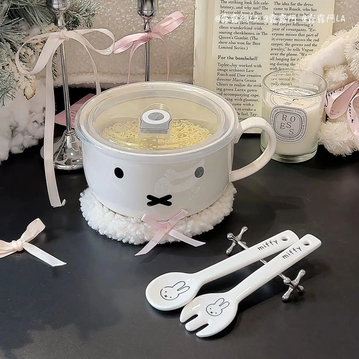 Nijntje Konijn Cartoon Instant Noedels Kom Grote Capaciteit Enkele Oor Cover Kom Gemakkelijk schoon te maken Keramische Rijstkom Verjaardagscadeau