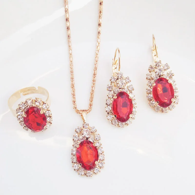 Gorgeous Multicolor Bridal Zircon Waterdrop Ring/Necklace/Earrings Jewelry Set for Women Anniversary Engagement Birthday Gifts
