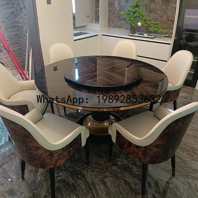 Hys dining table and chair set - solid wood round table with leather upholstery - ebony lacquer finish - home furniture