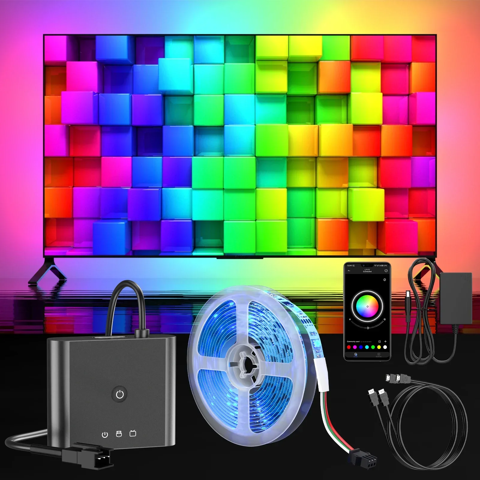 TV LED Backlight Without  Strip Lights with HDMI Sync Box, Game Bedroom Home Decor with Music Sync for 55~65 Inch TVs PC