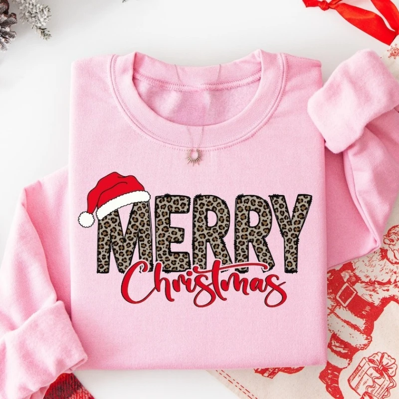 

Толстовка с леопардовым принтом, рождественская толстовка, женская повседневная модная мягкая удобная зимняя термотолстовка с круглым вырезом Санта-Клауса для улицы