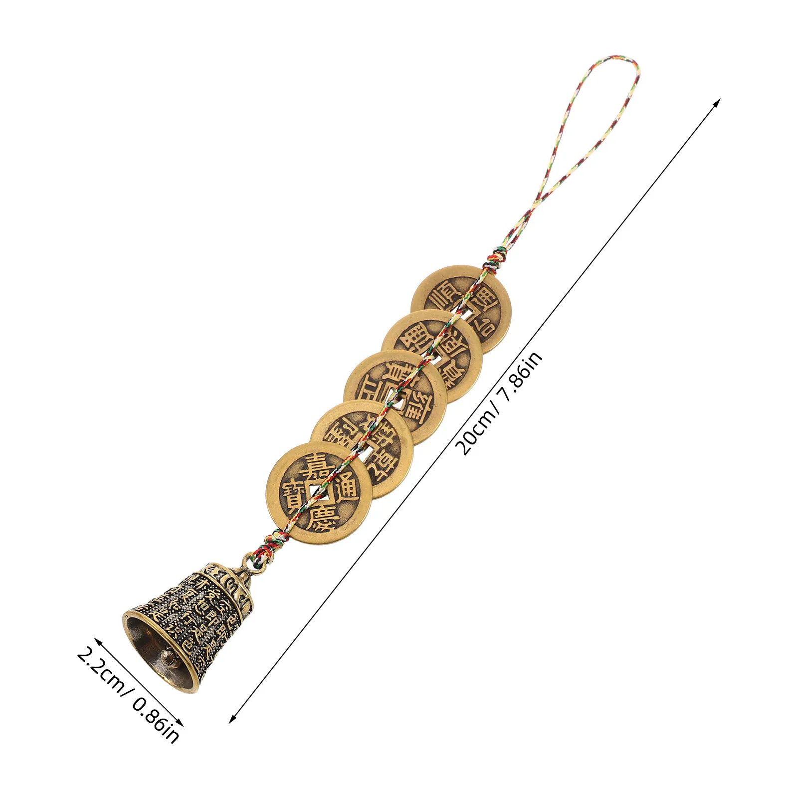 Chinese Brass Feng Shui Coin Bell Pendant Five Emperor Coins Wind Chime for Front Door Car Home Success Protection Good Luck