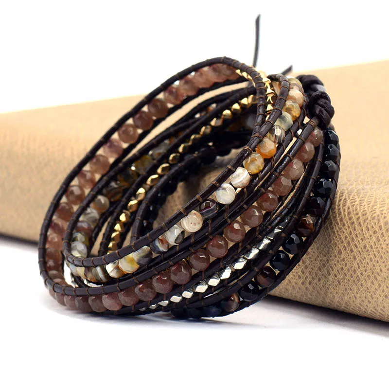 New Cool 5 Strands Mixed Stones Onyx Metal Beads Leather Wrap Bracelets Vintage Black Lover's Bracelet