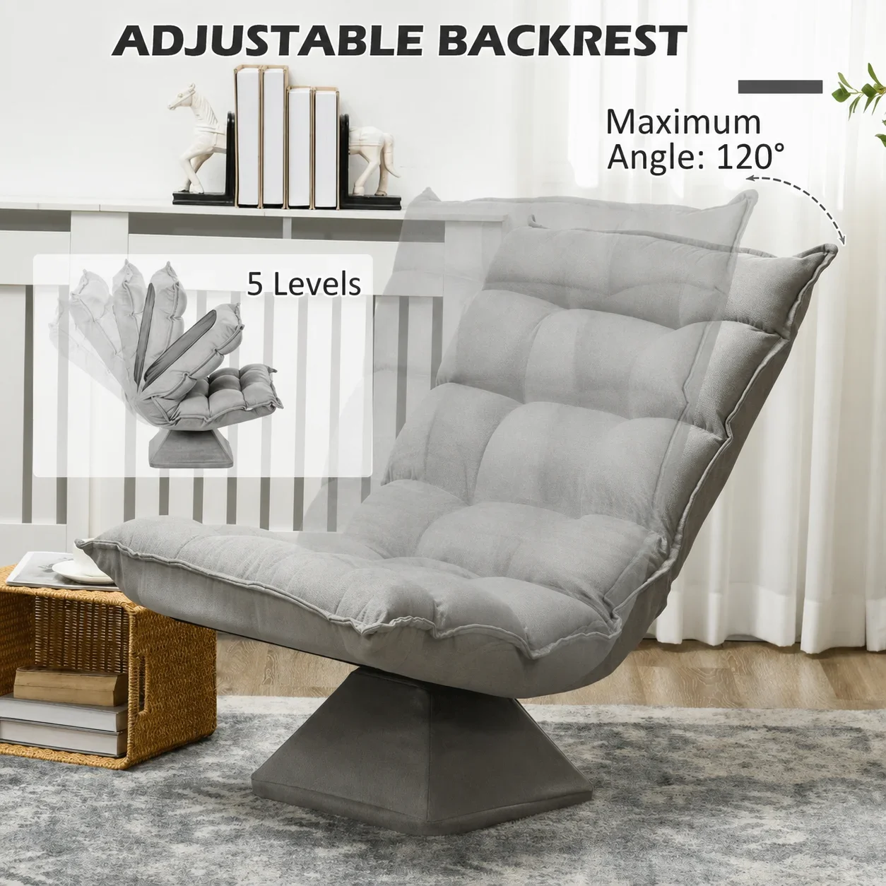 360 ° Sillón de suelo giratorio, respaldo ajustable en 5 posiciones, 120. ° Silla reclinable para videojuegos, con acolchado de 15 cm de grosor, tapizada en microfibra, sin reposabrazos, ideal para el descanso y el ocio, con estructura de acero reforzado, perfecta para leer, jugar, usar en la sala de estar o en un apartamento.
