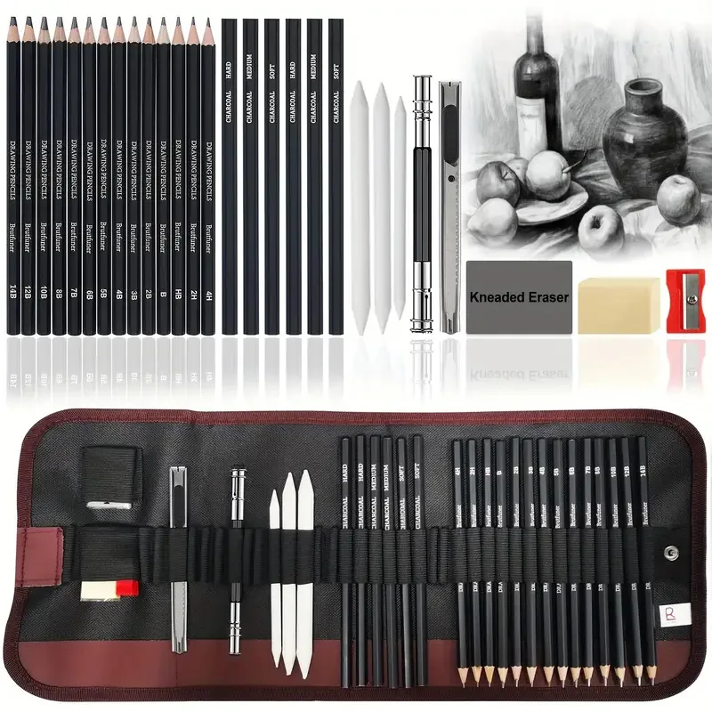 Art Professional 29PCS Pencil Set Drawing Sketching Charcoal Pencil Set With Roll Up Bag,Sketch Pencil Set Art Supplies