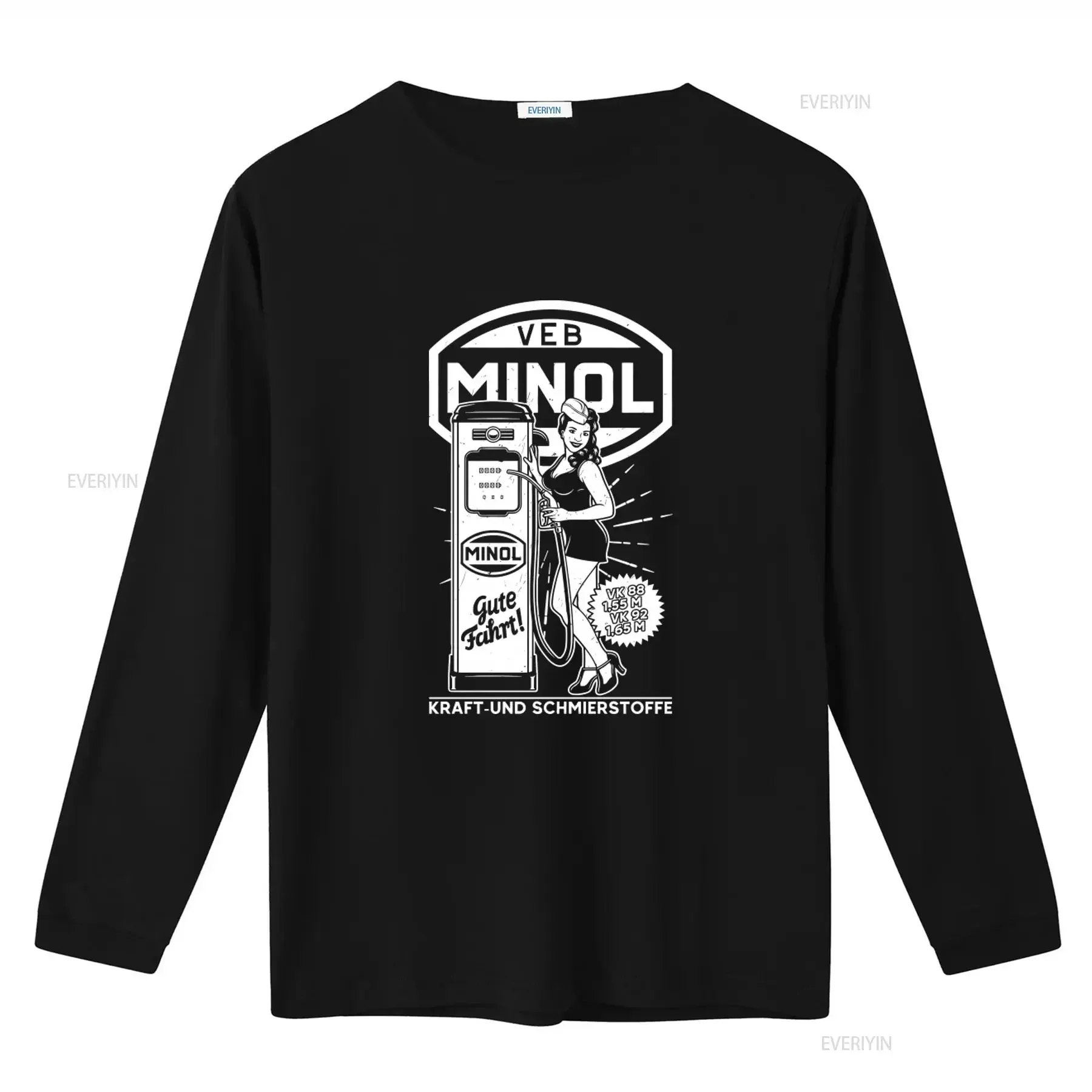 VEB MINOL Retro Gas Station Girl Print T Shirt Oliv Ostalgie Style for Vintage Lovers Perfect GDR Pirol IFA Simson Fans Stylish