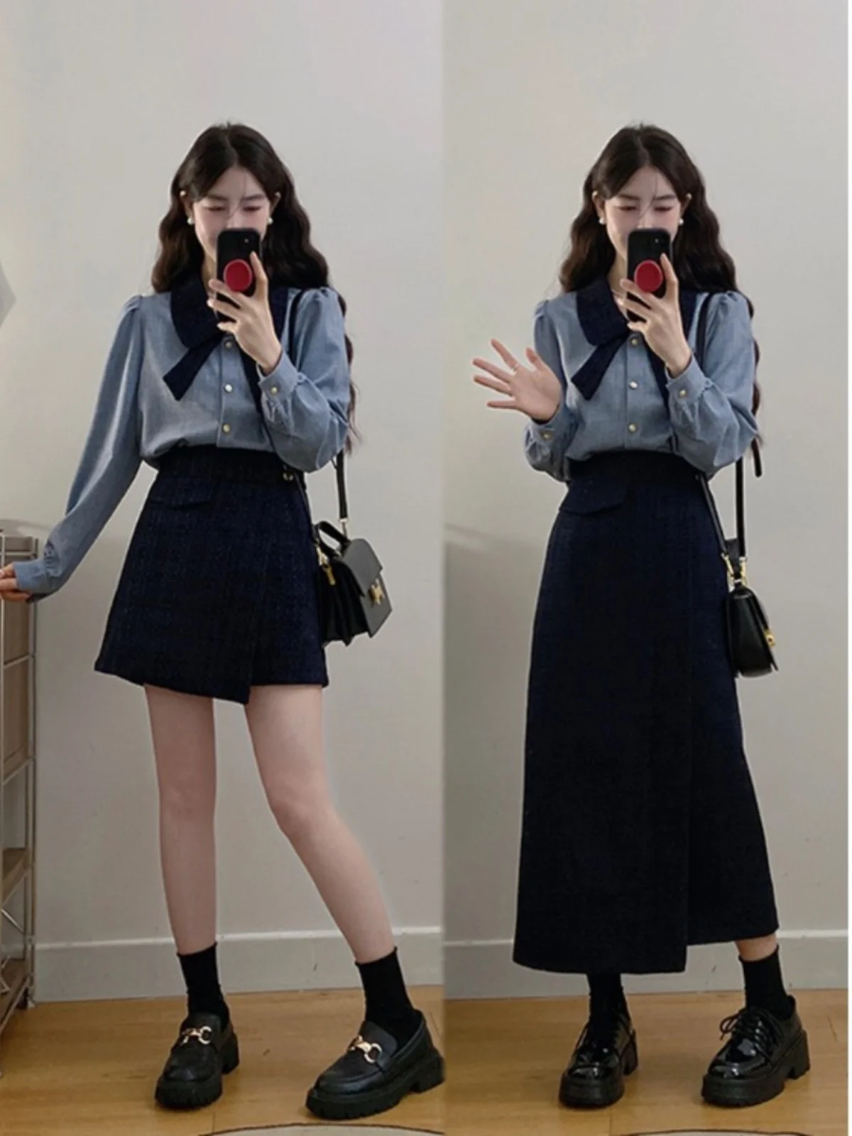 

Женская блузка больших размеров с воротником, длинным рукавом, завышенной талией, скрывающая недостатки фигуры, новая весенняя коллекция, модная корейская версия для повседневной носки