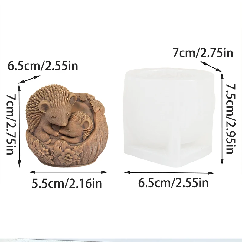 A Silicone Mold for Making Scented Candles in the Shape of a Hedgehog Family Tree Hole Nest, Featuring Large and Small Hedgehogs Hugging Each Other with Floral and Fruit Decorations, Reusable Handmade Gift Mold