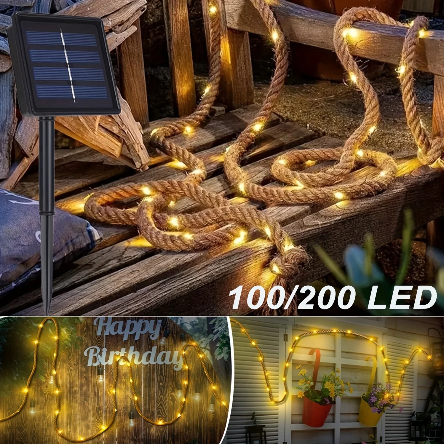 Imagem -03 - Solar Hemp Rope Light For Atmosphere Decor Warm White Copper Wire Pátio ao ar Livre Jardim Modos m 10m 100 Leds 200 Leds