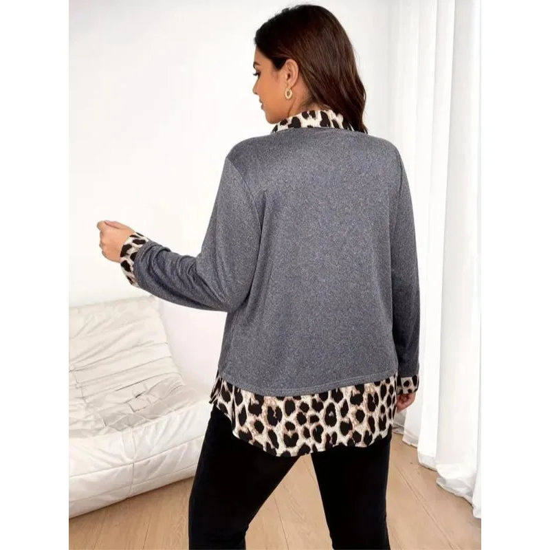 Plus Size 1XL-5XL Autumn New Women's Loose Fit Leopard Print Button Front Long Sleeve Top 2