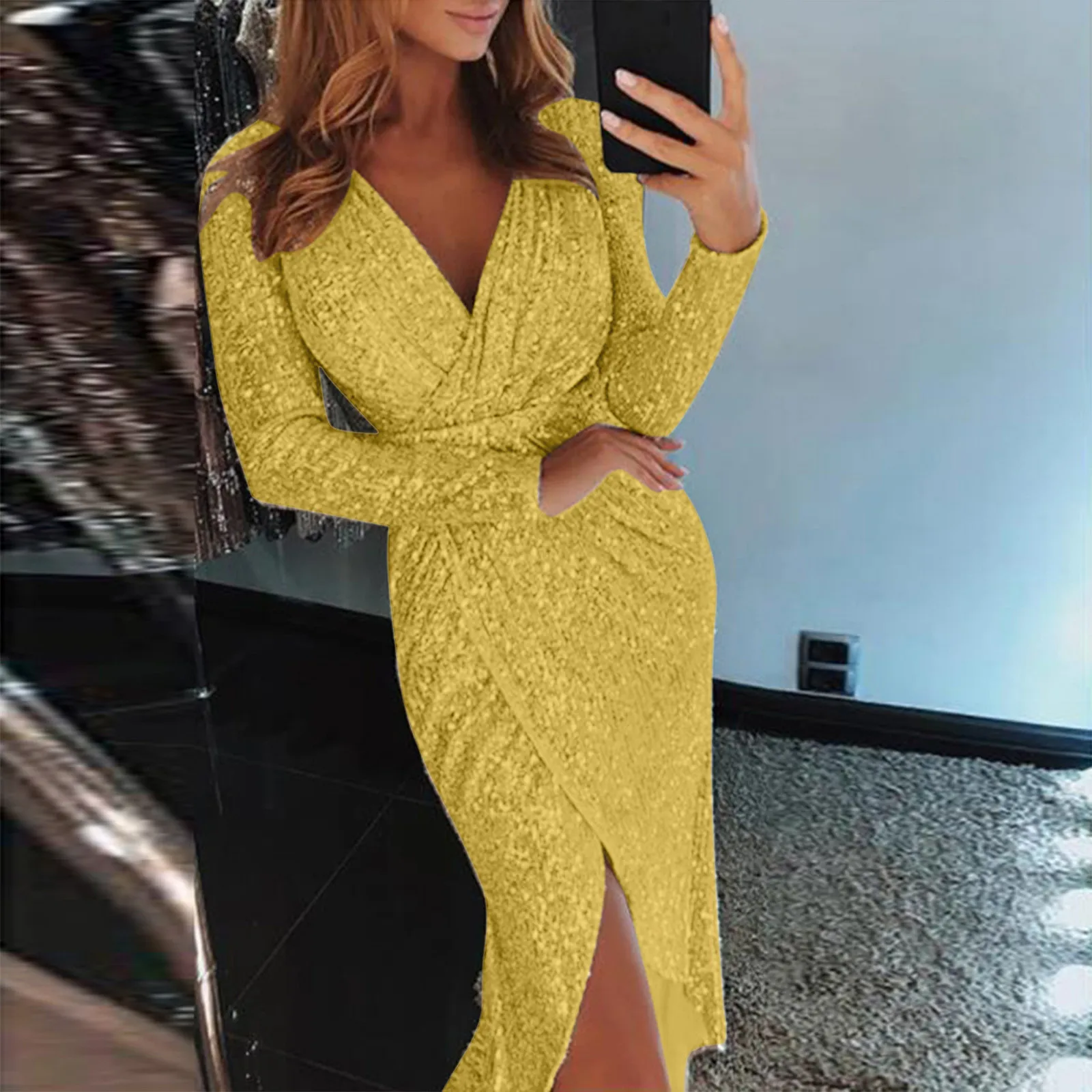 Long Sleeve Elegant Evening Dress Women Autumn Sequin Club Midi Elegant Wrap Party Dresses 2024 Side Slit Gown Sundresses