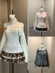 Sweet Korean Knitted Sweater Women Autumn Winter Faux Fur Jumper Female Japanese Kawaii Jumpers Vintage Elegant Pullover Y2k