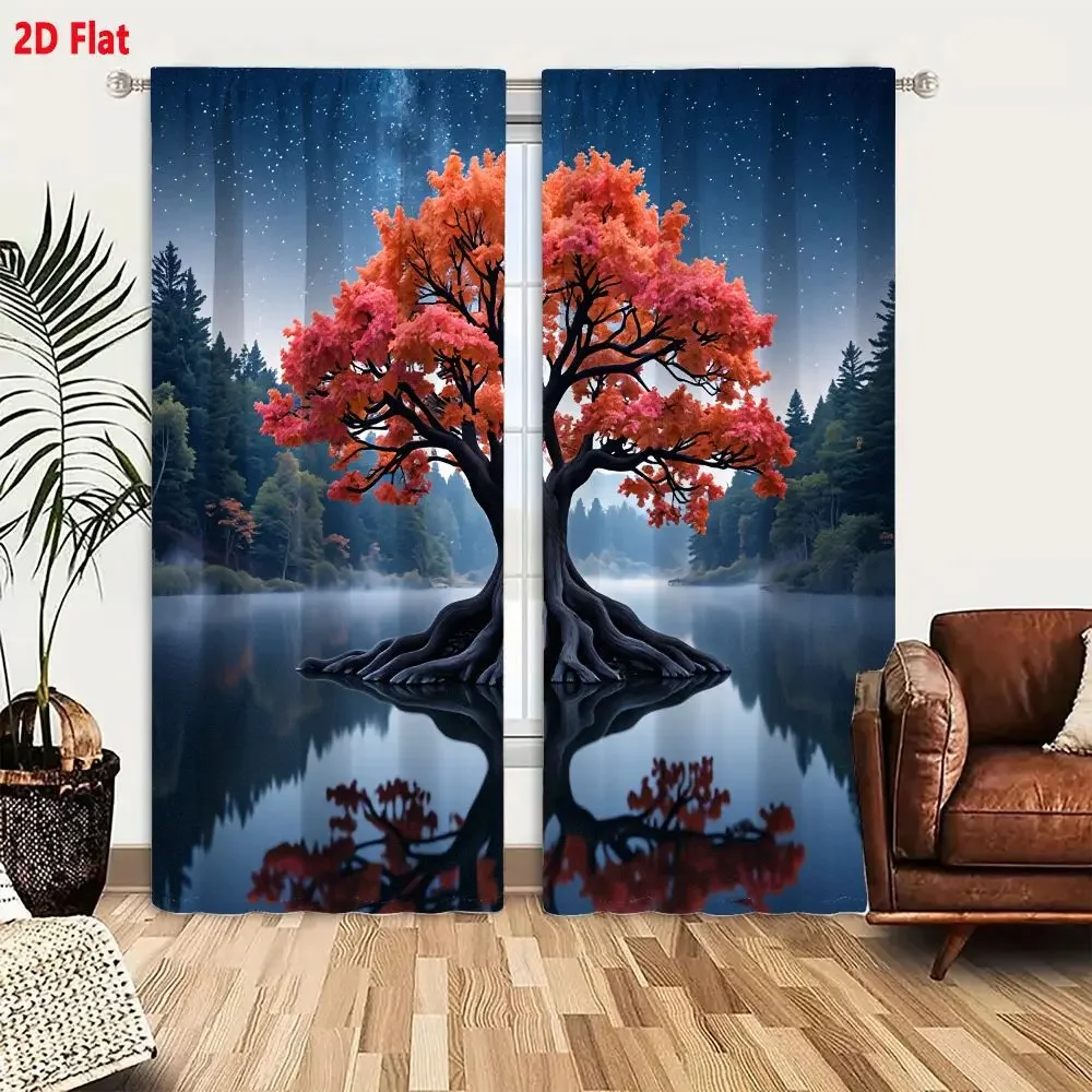 Vibrant Autumn Tree Landscape Curtain Blue Sky Reflection Home Decor Window Curtain Panels