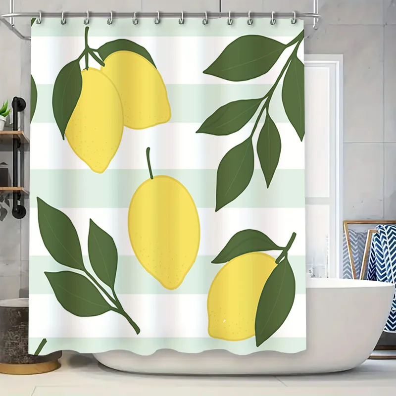 

Занавеска для душа с зелеными листьями и принтом лимона, водонепроницаемая тканевая занавеска для ванной комнаты, комплект входит кольца с крючками (желтый)