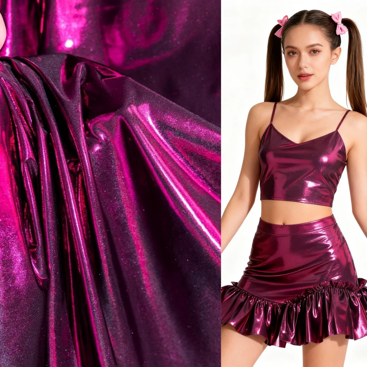 

Rose red elastic shiny surface hot stamping leather fabric sewing DIY women's pants, dresses, and stage dance costumes