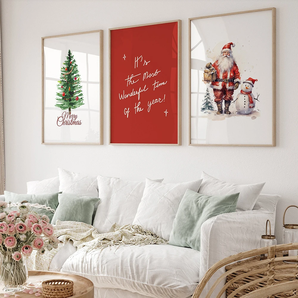 Christmas Tree Santa Claus Snowman Poster Print Wall Art Painting Canvas Print Holiday Wall Picture Living Room Xmas Home Decor