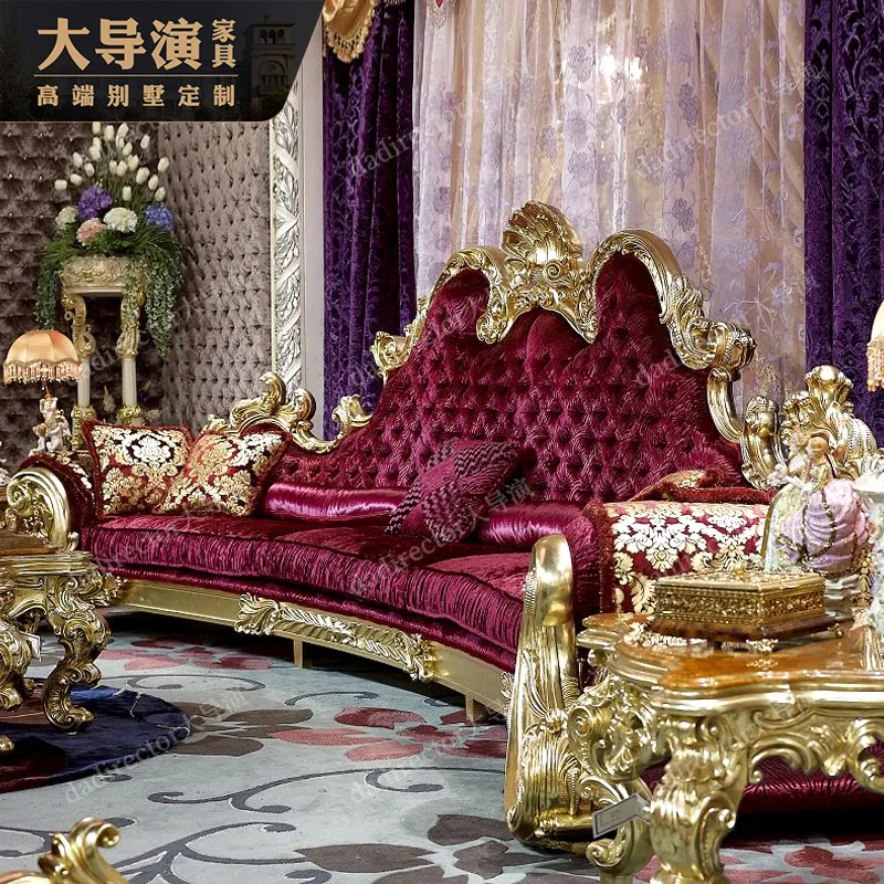 French luxury carved solid wood sofa villa palace gold foil sofa European living room fabric sofa furniture customization