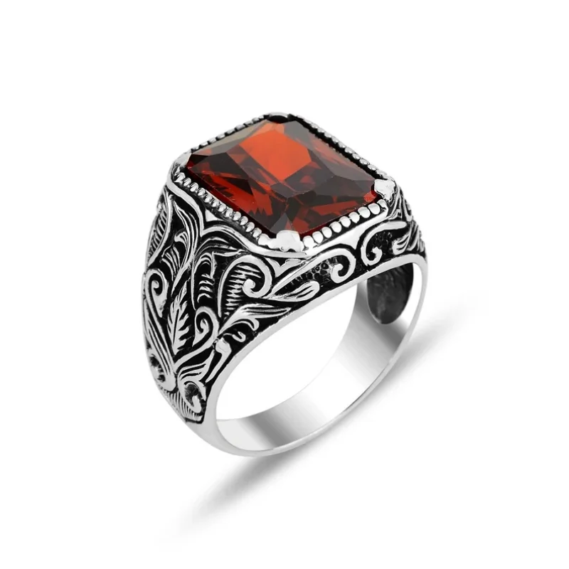 Vintage Handmade Turkish Signet Ring For Men Women Ancient Silver Color Carved Ring Red Yellow Zircon Inlay Punk Motor Biker