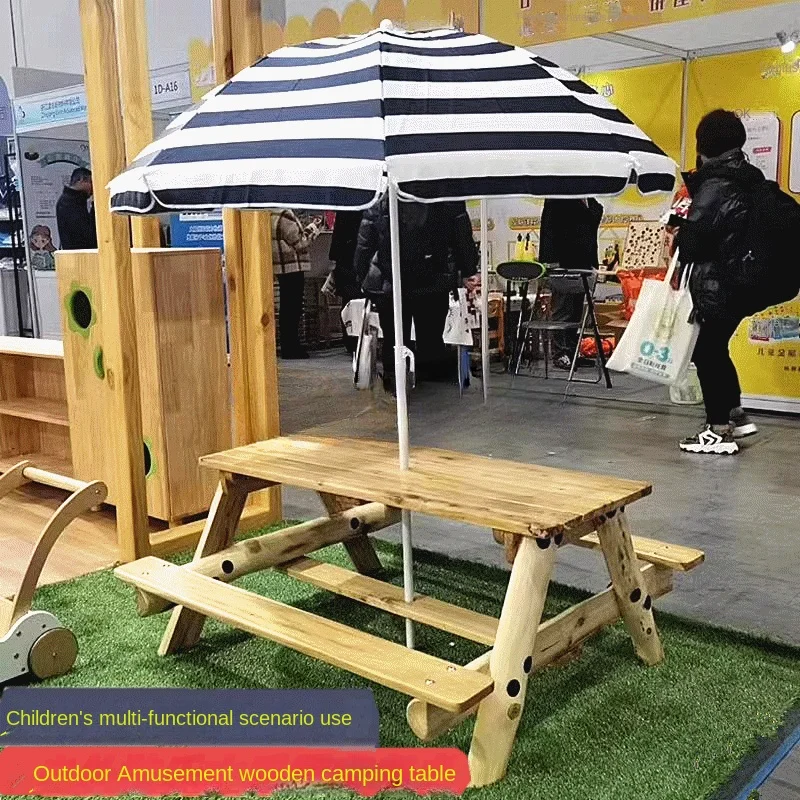 Wooden Room Combination Tent round Picnic Table Wooden One-Piece Dining Table and Chair with Umbrella Outdoor Sun Umbrella