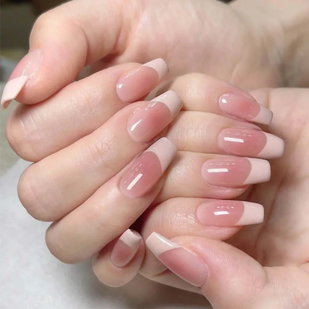 24 Pcs Short-T Press On Nails Pink Gradient Stripe Pattern Fake Nails Glossy Artificial Finger Manicure False Nails