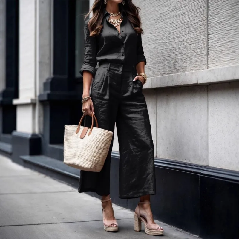 مزاجه التنقل المرأة الدعاوى المألوف بلون التلبيب قمصان طويلة الأكمام عادية فضفاض واسعة الساق السراويل قطعتين مجموعة #2