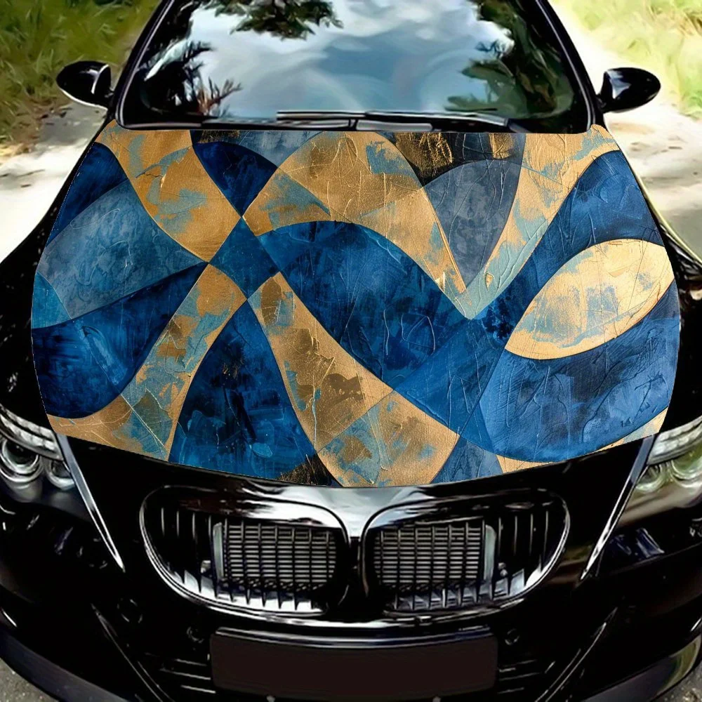 

Smooth Blue and Gold Lines Car Hood Vinyl Wraps Sticker, Car Engine Decal, Waterproof Self-adhesive Car Packaging Cover, Univers
