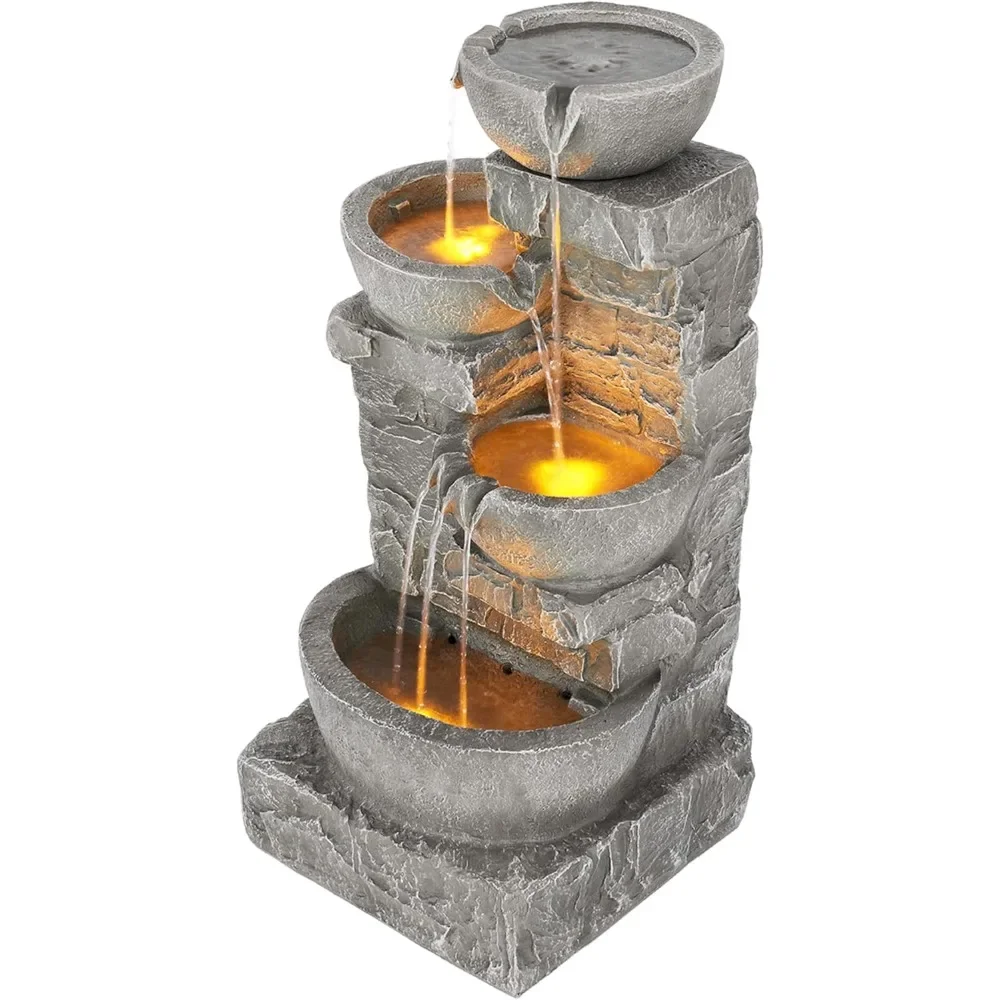 Home 33.25 in. Cascading Bowls and Stacked Stones LED Outdoor Water Fountain for Gardens, Landscaping, Patios, Balconies, and