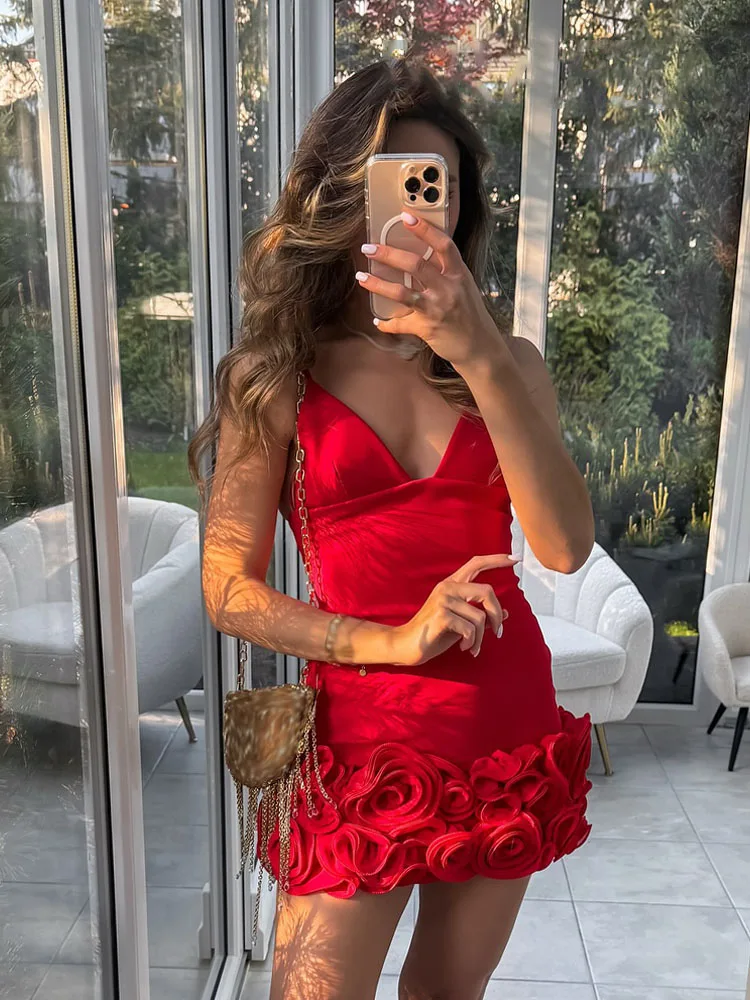 HH Women Fashion Sexy Slim Sleeveless Convex Flower Design Sling Mini Dress Summer Female Elegant V-neck Zipper Dress Mujer