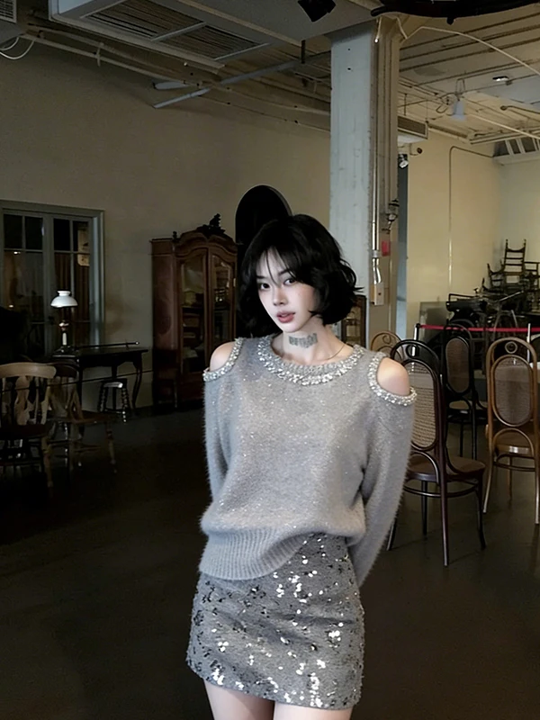 

Korean Sle Loose Knitted oulder Bared iny Sequin f Skirt Two Piece Set Warm Long Sve round Ne High Waist Winter...