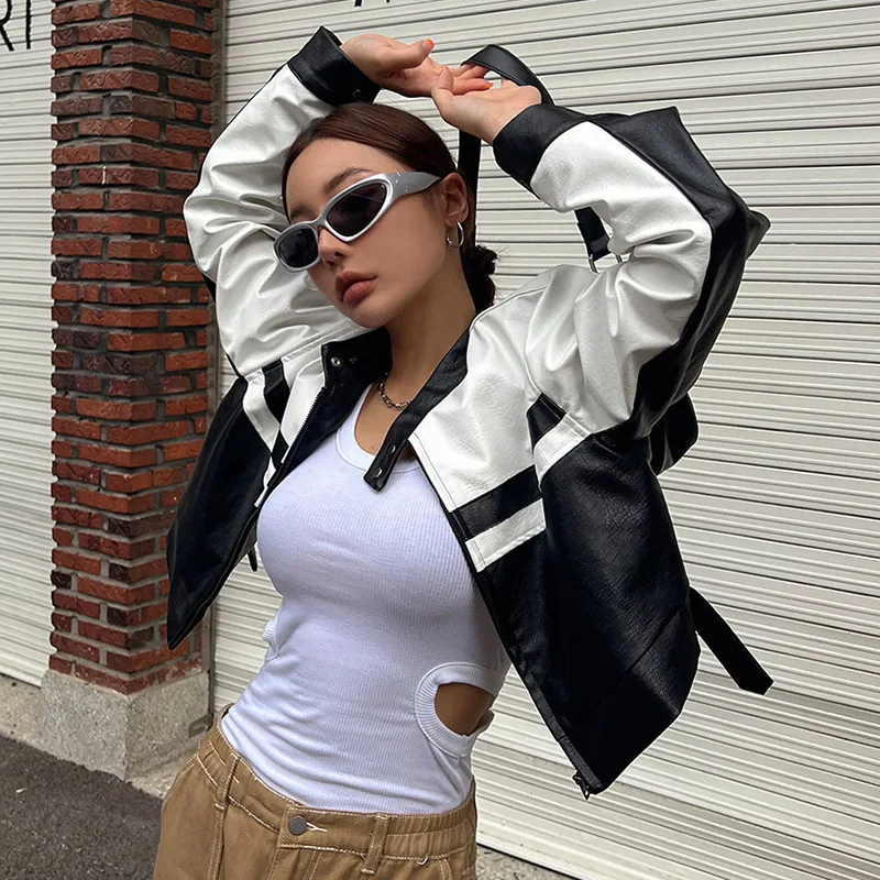 Faionable ort Crop Top Open Vest Pittig Cool Motorcycle PU Jaet Street Sle Long Sve Ritssluiting Dames Leat...