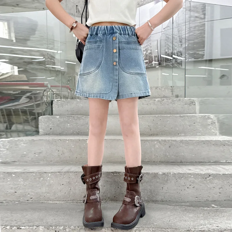 Teenage Girls Summer Stylish Denim Culottes Skirt Shorts with Buttons for Kids Child Fashion Casual Mini Skirt with Shorts 5-14Y
