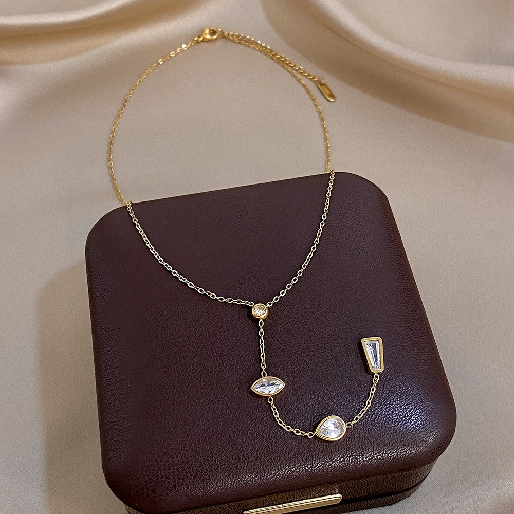 Elegant Geometric Zircon Pendant Necklace for Women Fashion Gold Plated Stainless Steel Choker Necklaces Jewelry Gifts