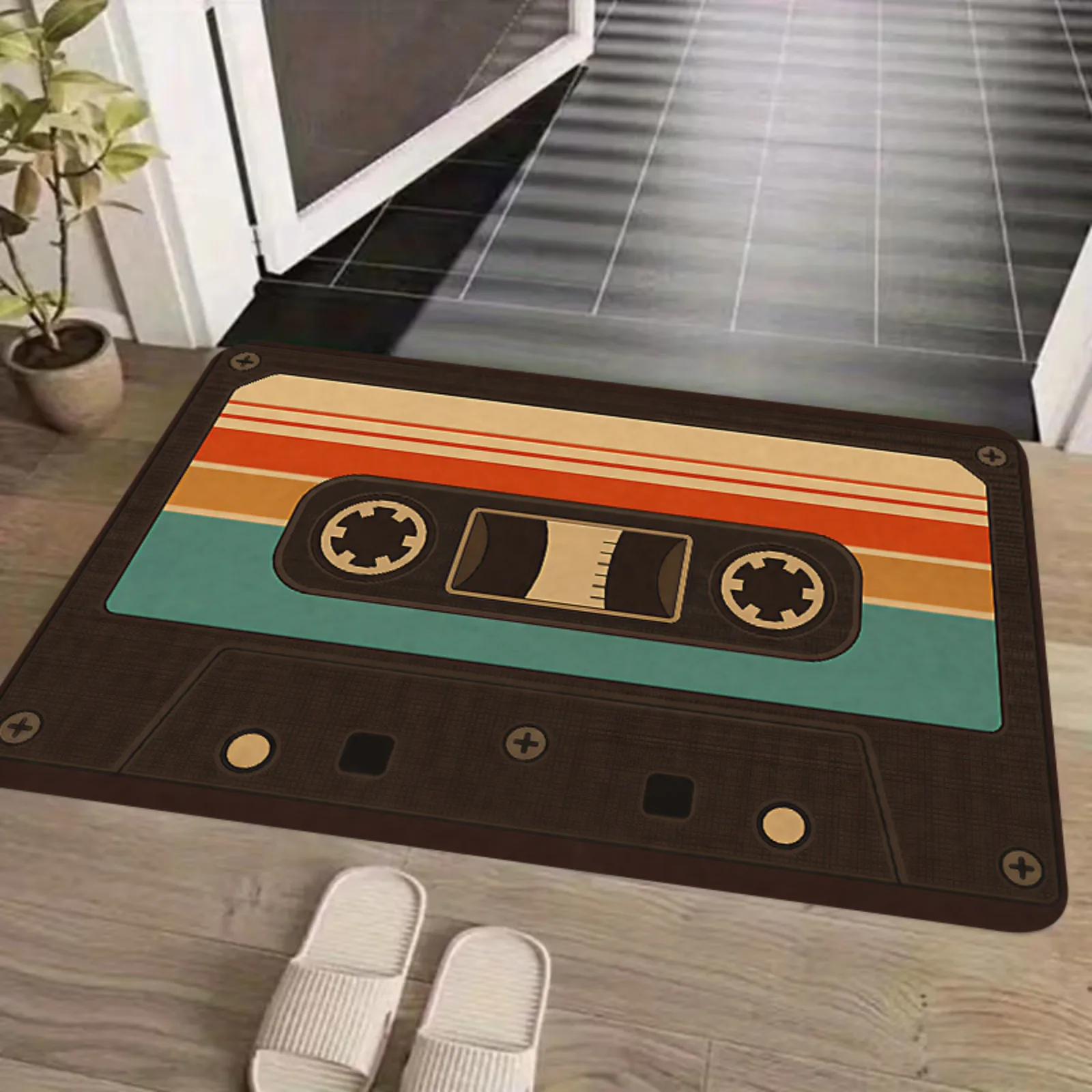 1pc Vintage Cassette Tape Mat Suitable for Home & Outdoor, Non-Slip Machine Washable Retro with Cassette, Adhesive Backing Suitable for Entryway, Bedroom, Balcony - Ideal Gift for Nostalgic Decor (Polyester), 2D Flat