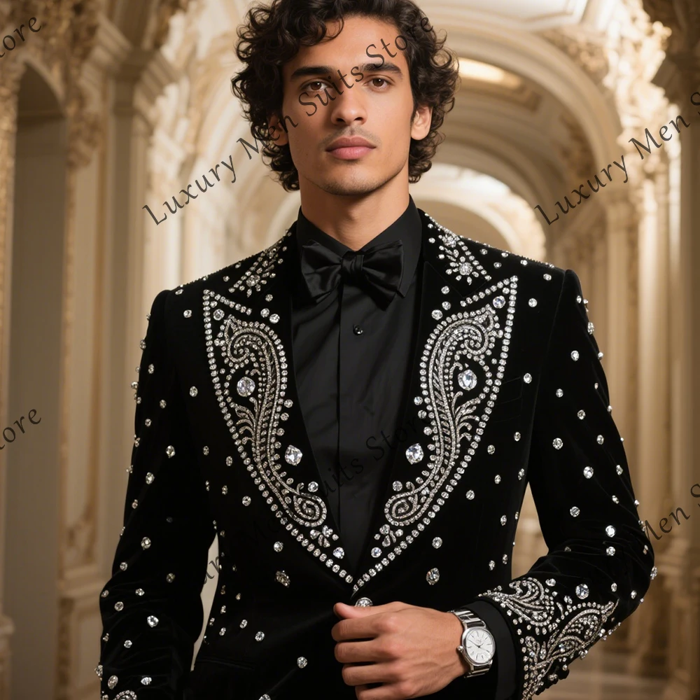

Fashion Crystal Suits for Men 2 Pieces Single Breasted Wedding Groom Tuxedos 2025 Customized Blazer Pants costume homme luxe
