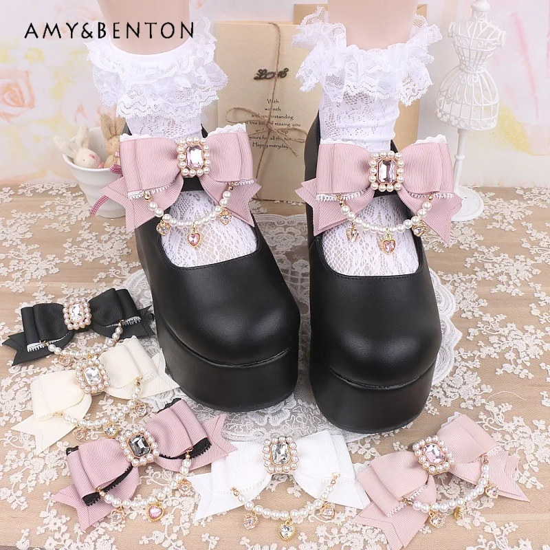 

Handmade Mine Lace Stitching Bow Beaded Heart Rhinestone Pendant Shoe Clip All-Match Cute Shoe Buckle Lolita Shoes Decoration