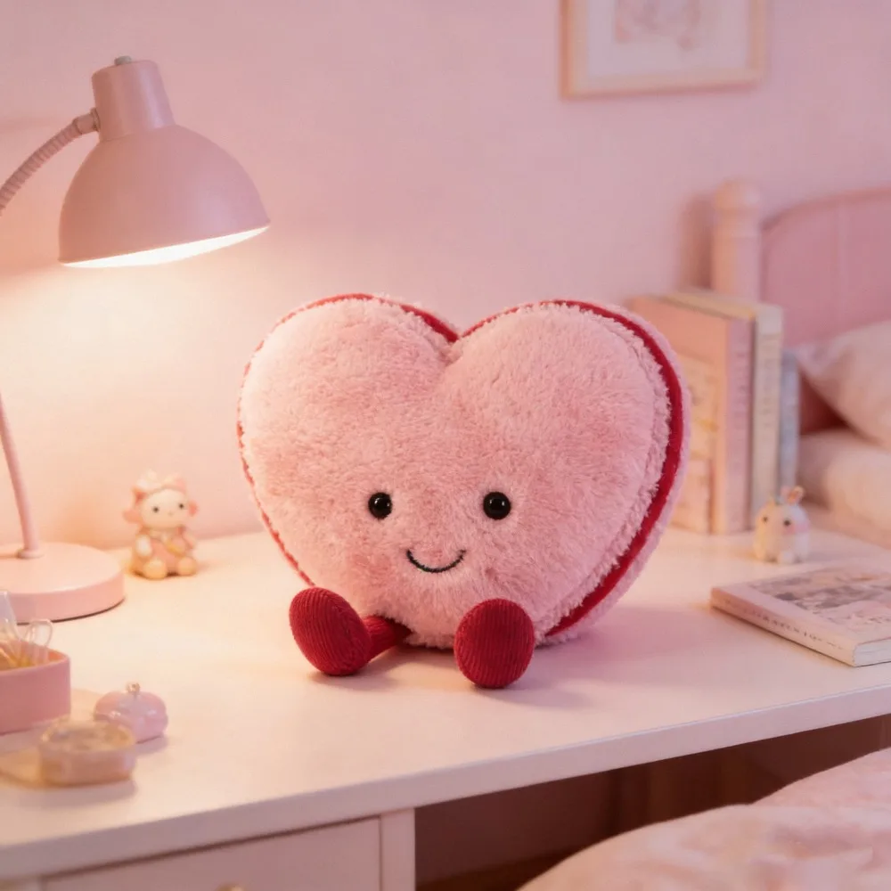 

Cute Macron smiley face heart-shaped plush toy with ultra-soft velvet fabric and corduroy legs, a romantic gift for couples