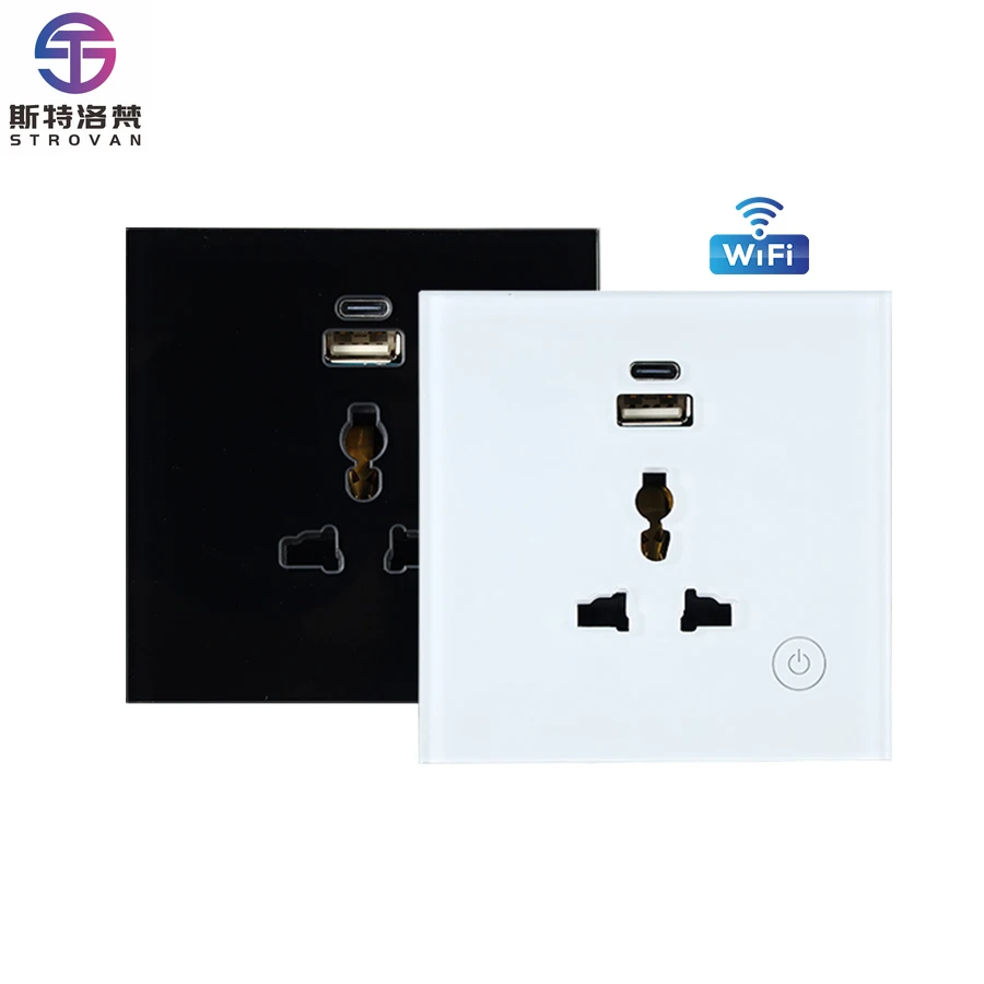

STLF Tuya 16a Wifi Power Plug Socket Tempered Glass Wifi Universal Wall Socket Alexa Voice Control Smart Usb Wall Socket