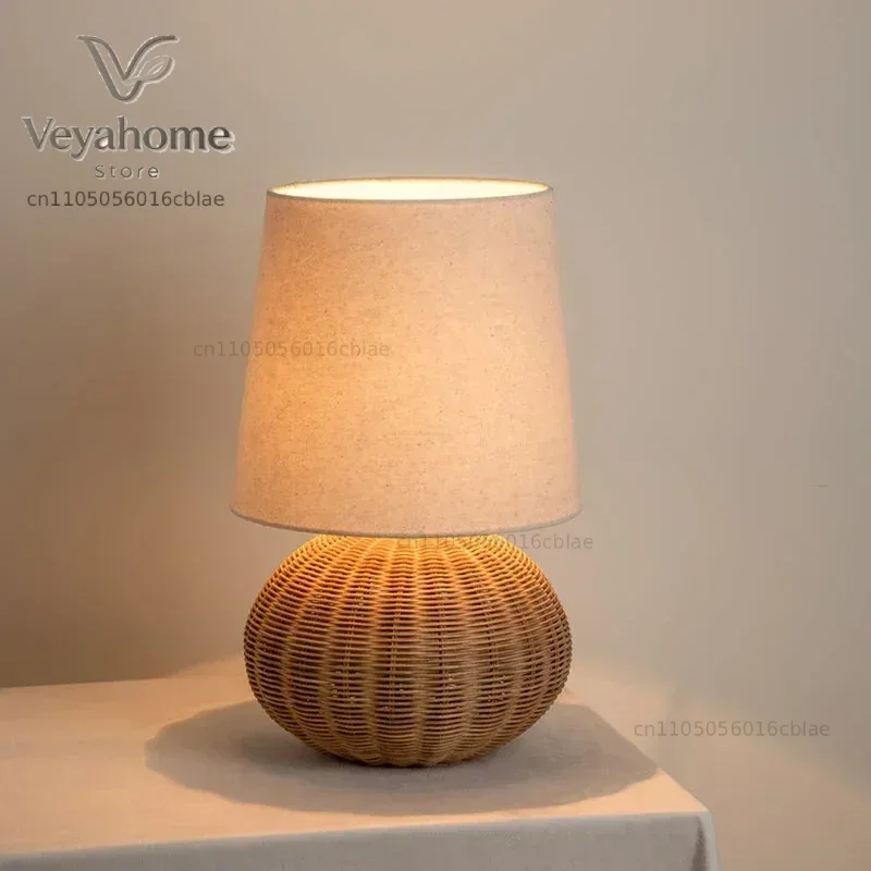 Wabi-sabi Retro Desk Lamp Bedroom Bedside fabric Table Lamp Medieval Hotel Rattan Fujii Weaving Atmosphere Home Decor E27