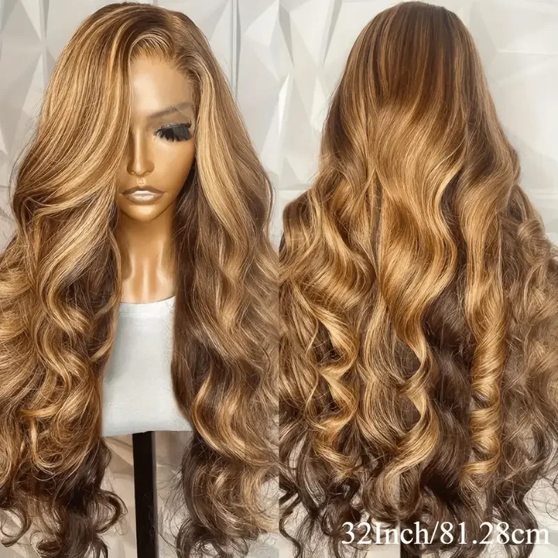 P4/27 تسليط الضوء على الجسم البني موجة 13x6 باروكة من شعر طبيعي العسل شقراء ملونة 13x4 HD الدانتيل PrePlucked 40 46 بوصة الباروكات للنساء